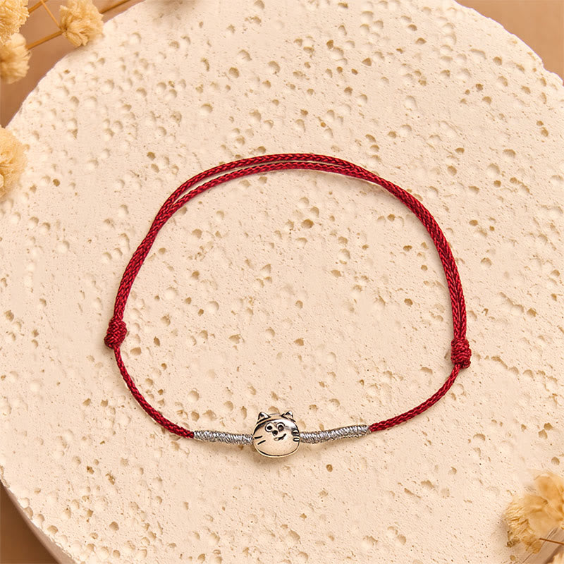 Nimara Ritual 925 Sterling Silver Cute Cat Red String Braided Bracelet