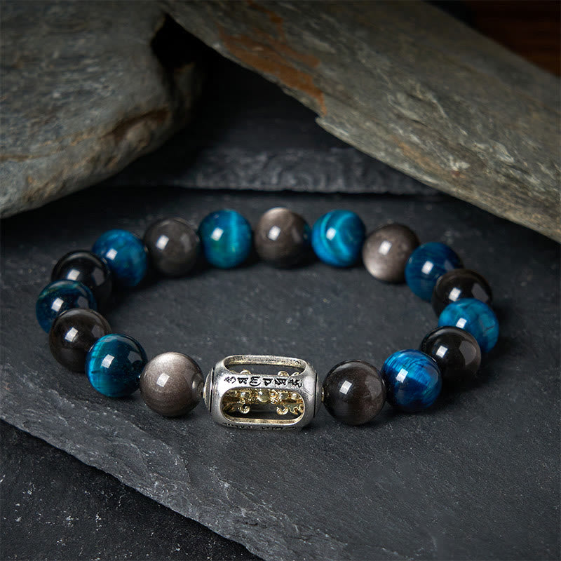 Nimara Ritual Natural Silver Sheen Obsidian Blue Tiger Eye Om Mani Padme Hum Soothing Bracelet