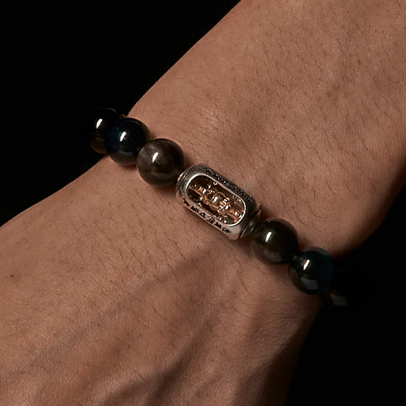 Nimara Ritual Natural Silver Sheen Obsidian Blue Tiger Eye Om Mani Padme Hum Soothing Bracelet