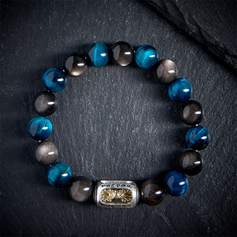 Nimara Ritual Natural Silver Sheen Obsidian Blue Tiger Eye Om Mani Padme Hum Soothing Bracelet