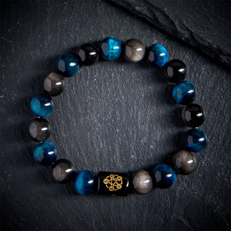 Nimara Ritual Silver Sheen Obsidian Blue Tiger Eye Black Onyx Five Elements Protection Bracelet