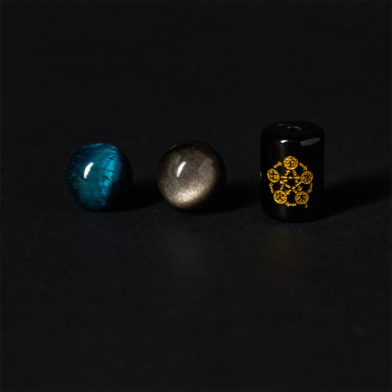 Nimara Ritual Silver Sheen Obsidian Blue Tiger Eye Black Onyx Five Elements Protection Bracelet