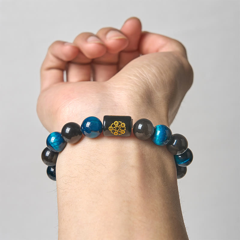 Nimara Ritual Silver Sheen Obsidian Blue Tiger Eye Black Onyx Five Elements Protection Bracelet