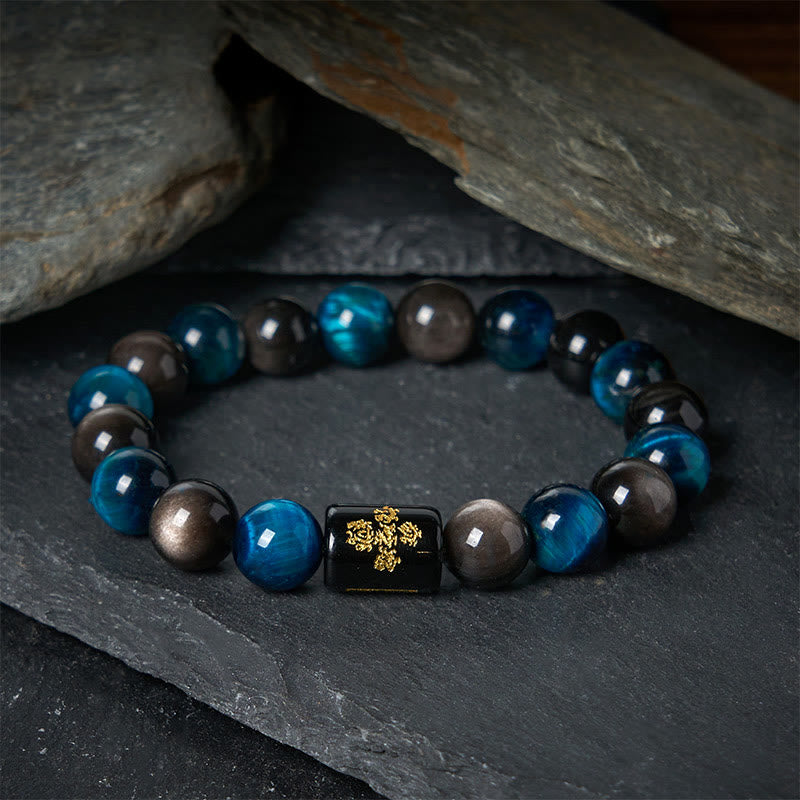 Nimara Ritual Silver Sheen Obsidian Blue Tiger Eye Black Onyx Five Elements Protection Bracelet