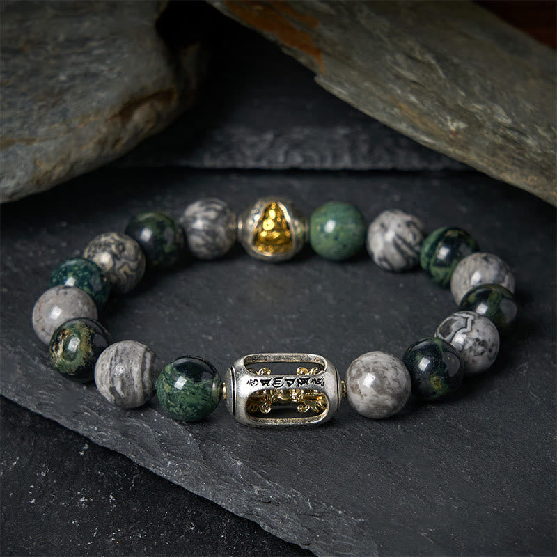 Nimara Ritual Natural Grey Jasper Kambamba Jasper Om Mani Padme Hum Formless Buddha Healing Bracelet