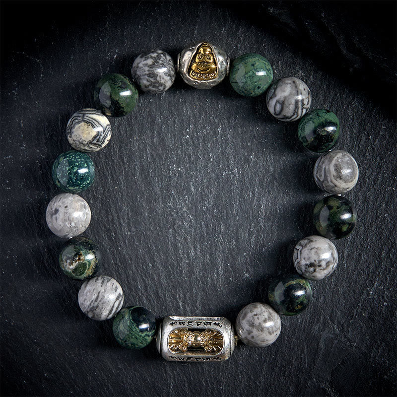 Nimara Ritual Natural Grey Jasper Kambamba Jasper Om Mani Padme Hum Formless Buddha Healing Bracelet