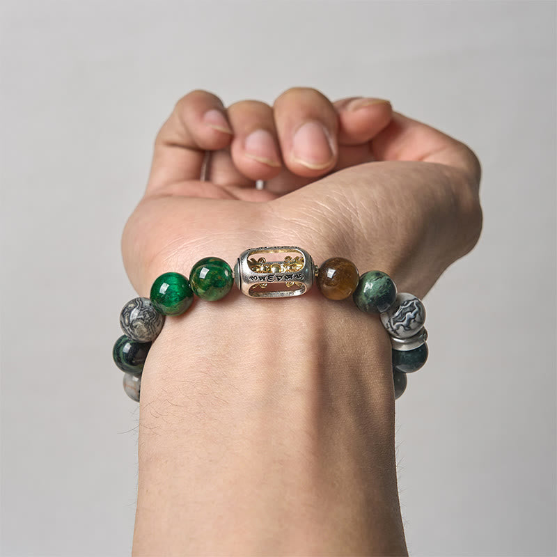Nimara Ritual Natural Grey Jasper Kambamba Jasper Tiger Eye Om Mani Padme Hum Protection Bracelet