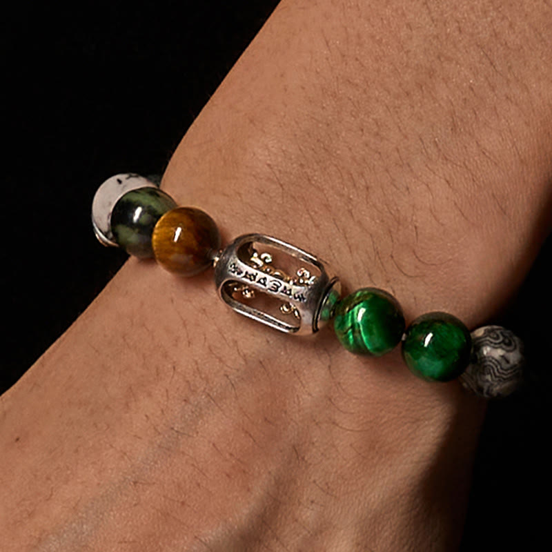 Nimara Ritual Natural Grey Jasper Kambamba Jasper Tiger Eye Om Mani Padme Hum Protection Bracelet