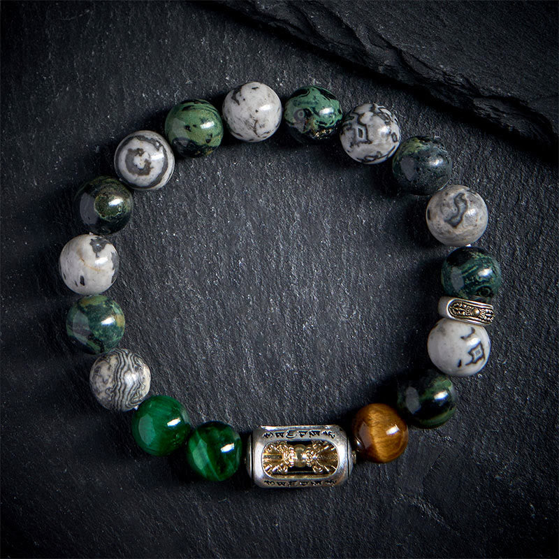 Nimara Ritual Natural Grey Jasper Kambamba Jasper Tiger Eye Om Mani Padme Hum Protection Bracelet