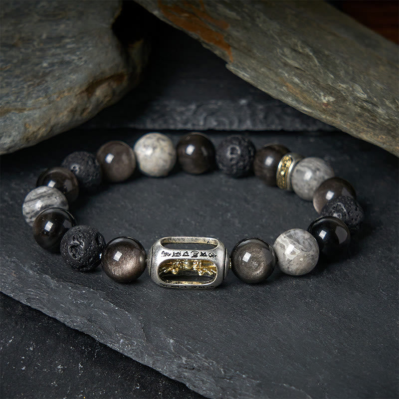 Nimara Ritual Silver Sheen Obsidian Lava Rock Grey Jasper Om Mani Padme Hum Vajra Soothing Bracelet