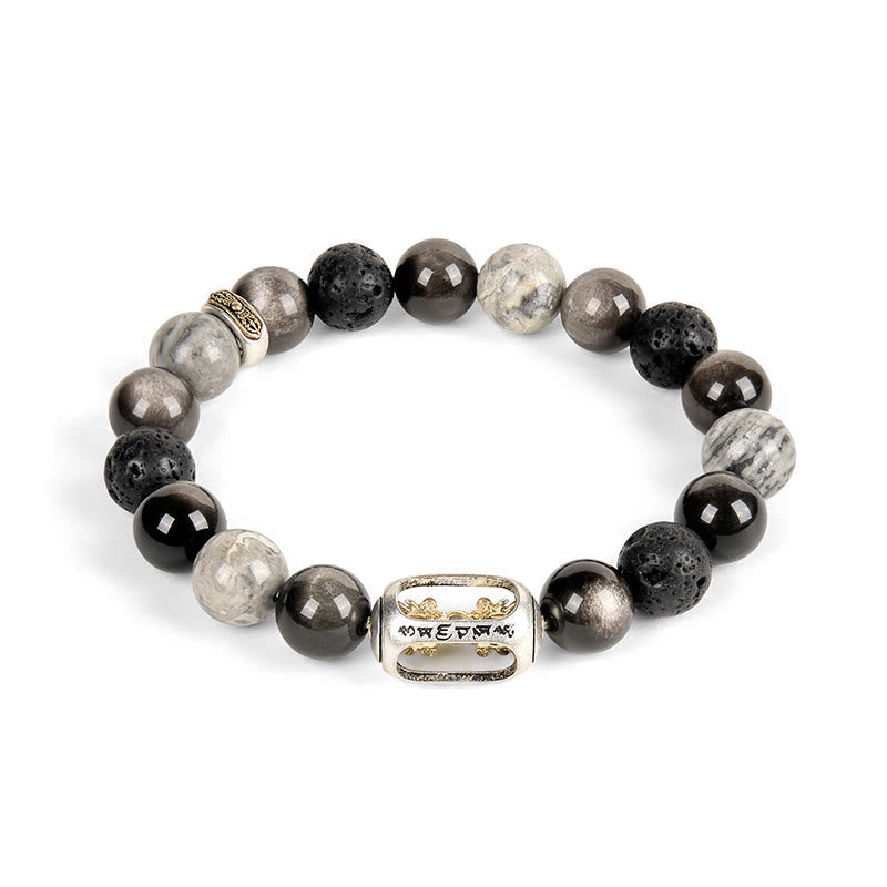 Nimara Ritual Silver Sheen Obsidian Lava Rock Grey Jasper Om Mani Padme Hum Vajra Soothing Bracelet