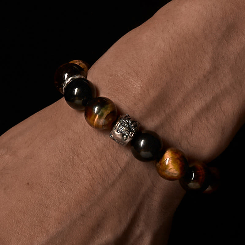 Nimara Ritual Tiger Eye Silver Sheen Obsidian Meditation Buddha Head Protection Bracelet