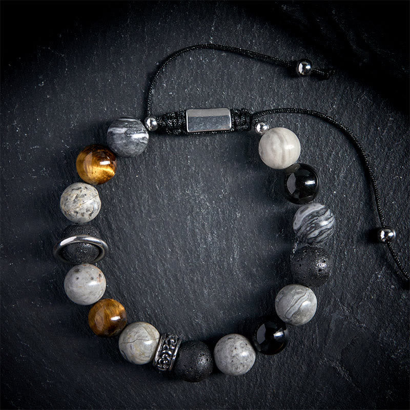 Nimara Ritual Grey Jasper Lava Rock Silver Sheen Obsidian Tiger Eye Healing Bracelet