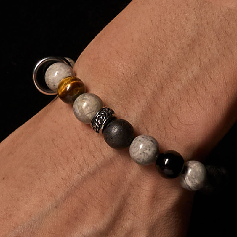 Nimara Ritual Grey Jasper Lava Rock Silver Sheen Obsidian Tiger Eye Healing Bracelet