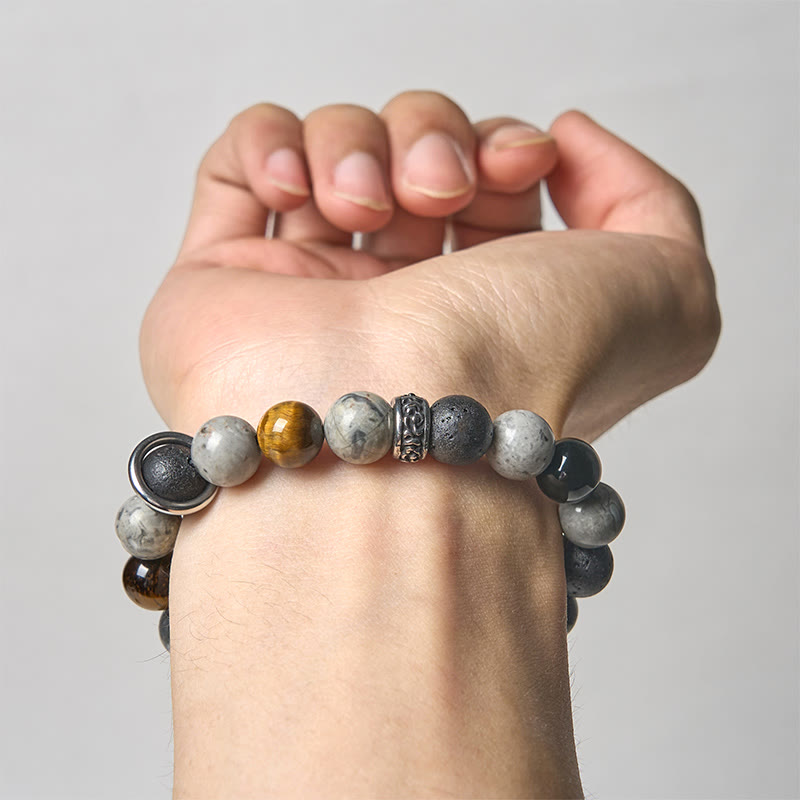 Nimara Ritual Grey Jasper Lava Rock Silver Sheen Obsidian Tiger Eye Healing Bracelet