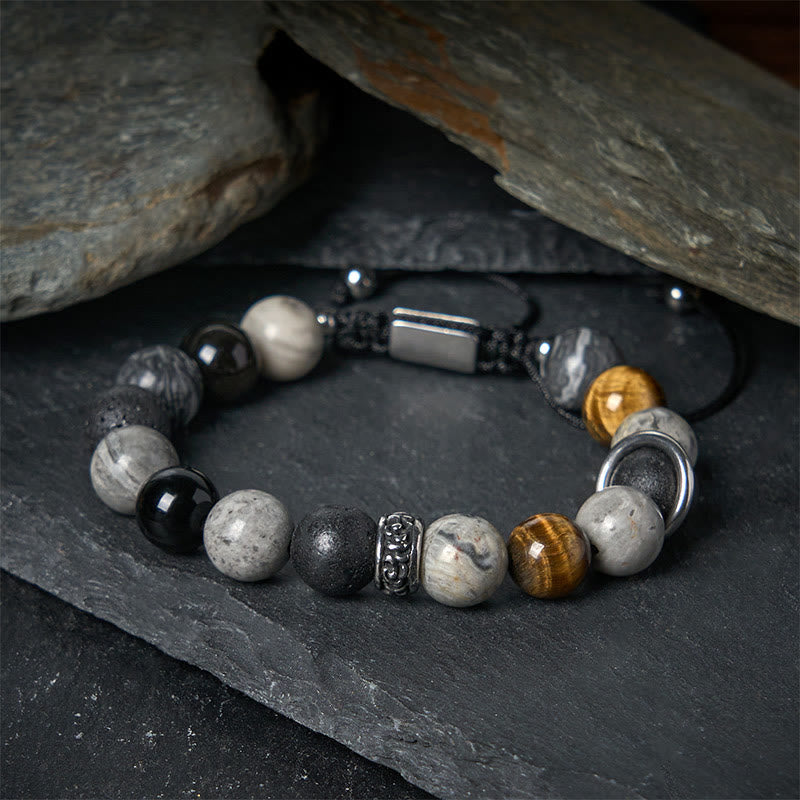 Nimara Ritual Grey Jasper Lava Rock Silver Sheen Obsidian Tiger Eye Healing Bracelet