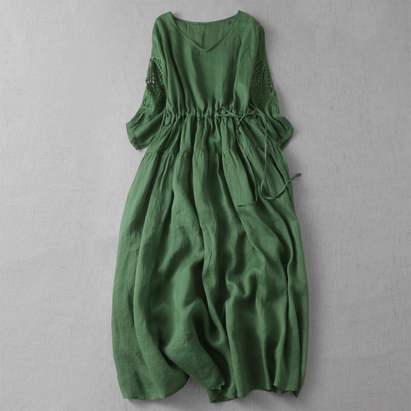 Nimara Ritual Embroidery Patchwork Long Puff Sleeve Drawstring Midi Dress With Pockets