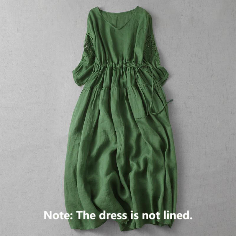 Nimara Ritual Embroidery Patchwork Long Puff Sleeve Drawstring Midi Dress With Pockets