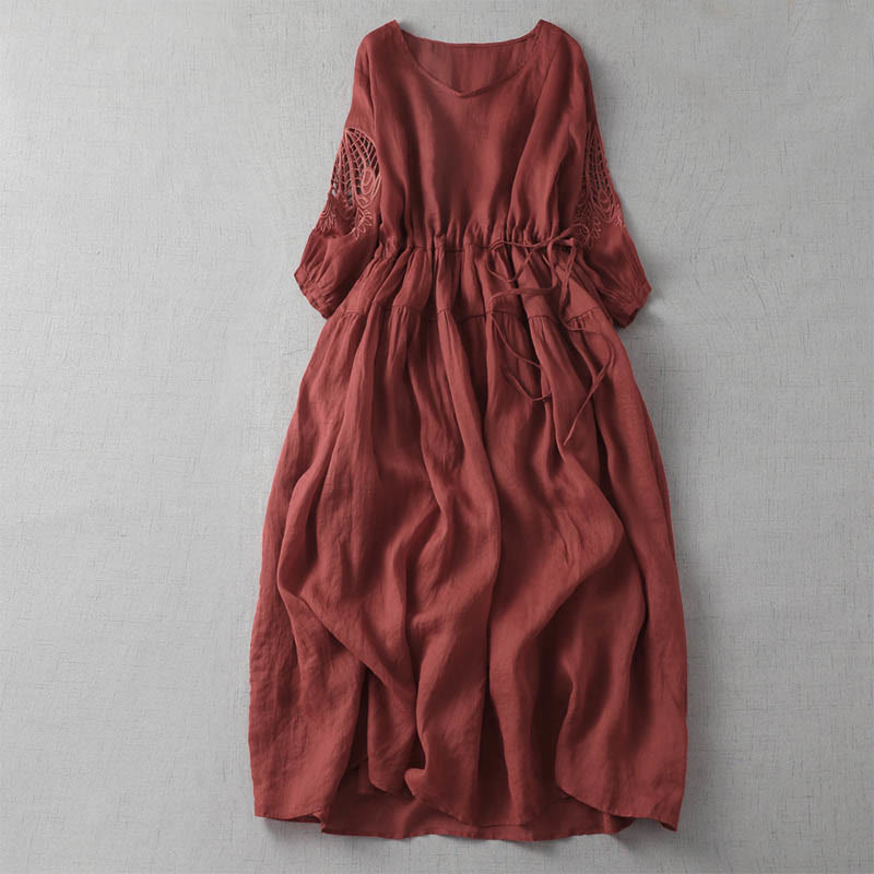Nimara Ritual Embroidery Patchwork Long Puff Sleeve Drawstring Midi Dress With Pockets