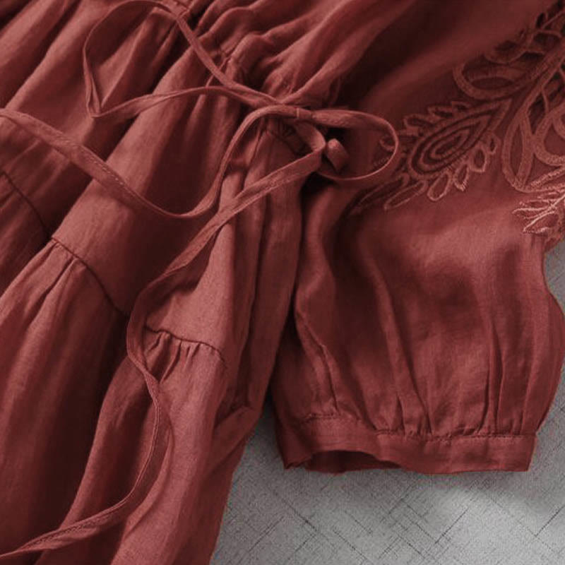 Nimara Ritual Embroidery Patchwork Long Puff Sleeve Drawstring Midi Dress With Pockets
