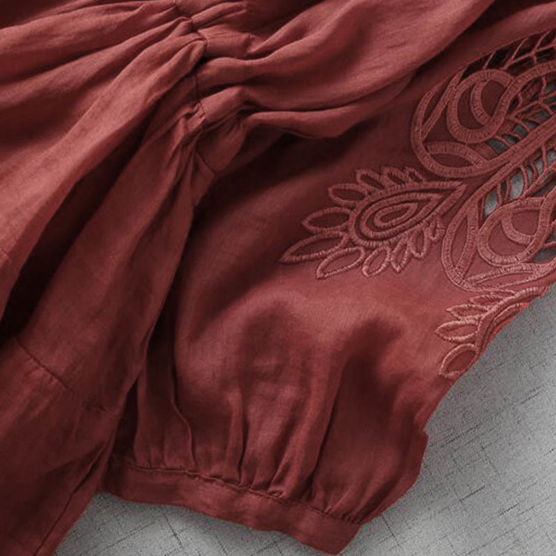 Nimara Ritual Embroidery Patchwork Long Puff Sleeve Drawstring Midi Dress With Pockets