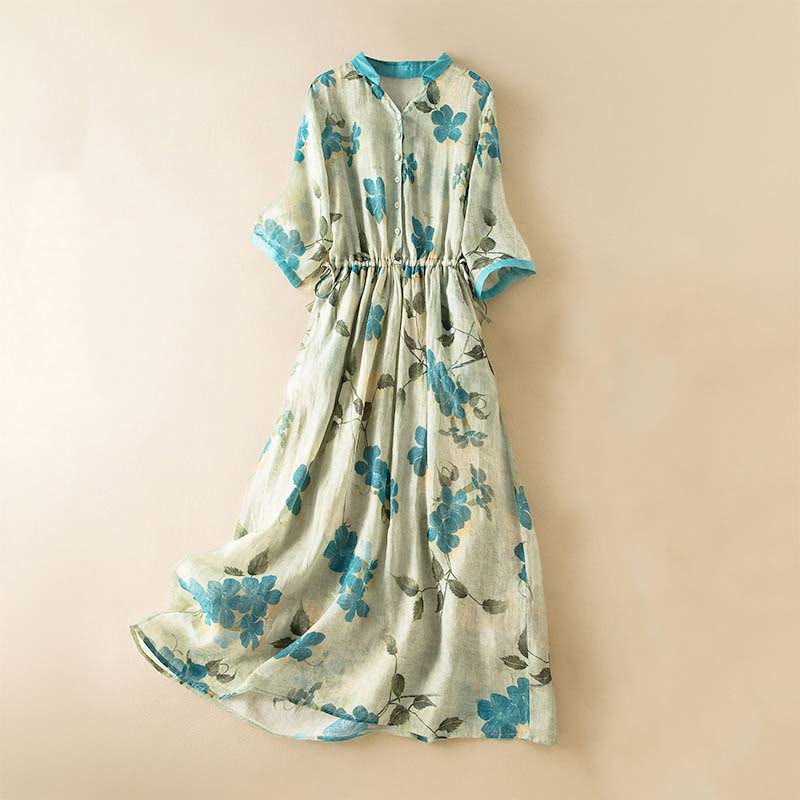 Nimara Ritual Half Sleeve Color Contrast Floral Pattern Midi Dress With Pockets