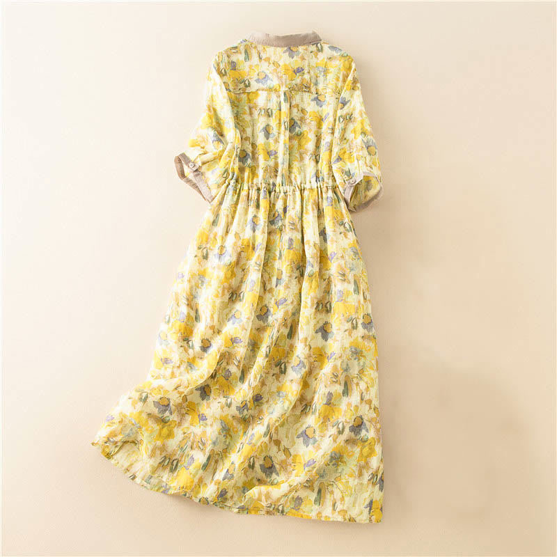 Nimara Ritual Half Sleeve Color Contrast Floral Pattern Midi Dress With Pockets