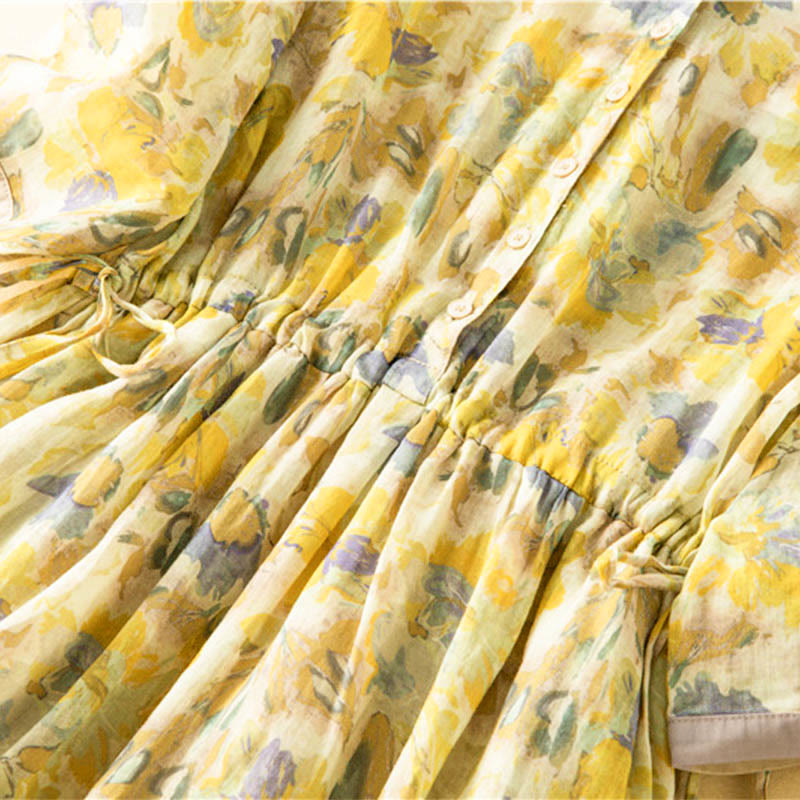 Nimara Ritual Half Sleeve Color Contrast Floral Pattern Midi Dress With Pockets