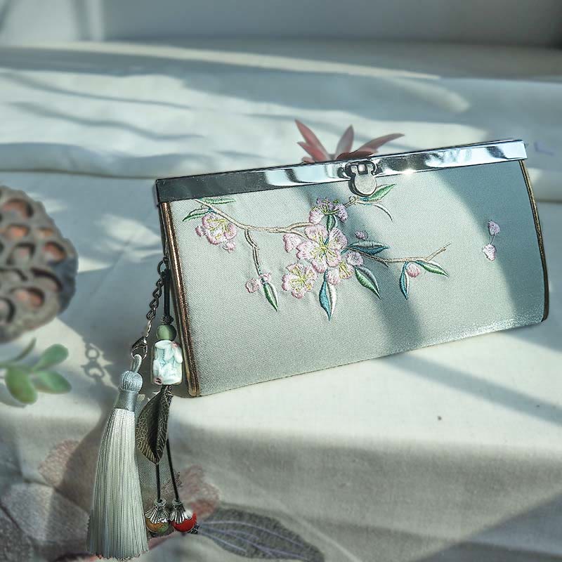 Nimara Ritual Flower Plum Peach Blossom Bamboo Double-sided Embroidery Large Capacity Cash Holder Wallet Shopping Purse