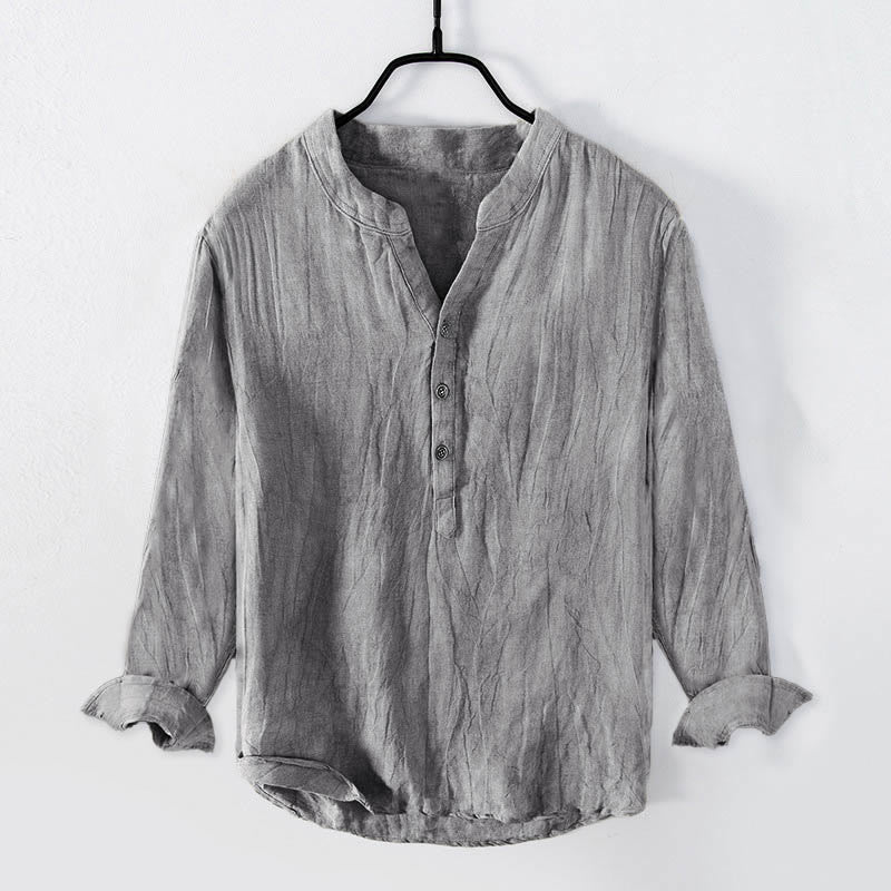 Nimara Ritual Solid Color Long Sleeve Half Button Shirt Cotton Linen Men Clothing