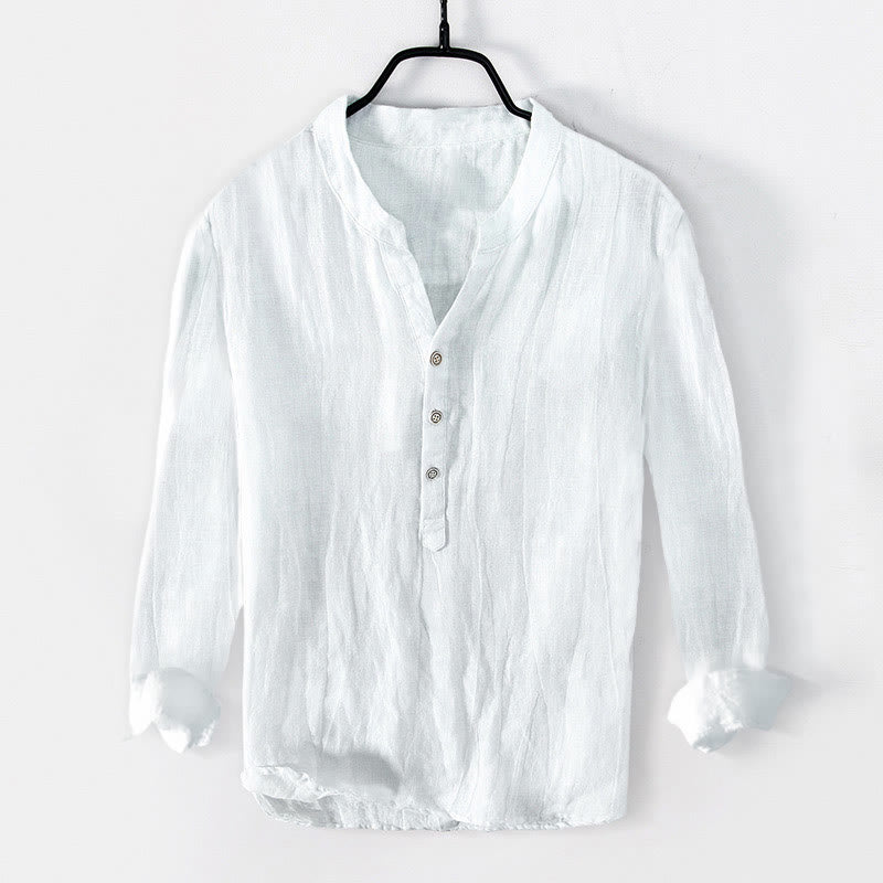 Nimara Ritual Solid Color Long Sleeve Half Button Shirt Cotton Linen Men Clothing