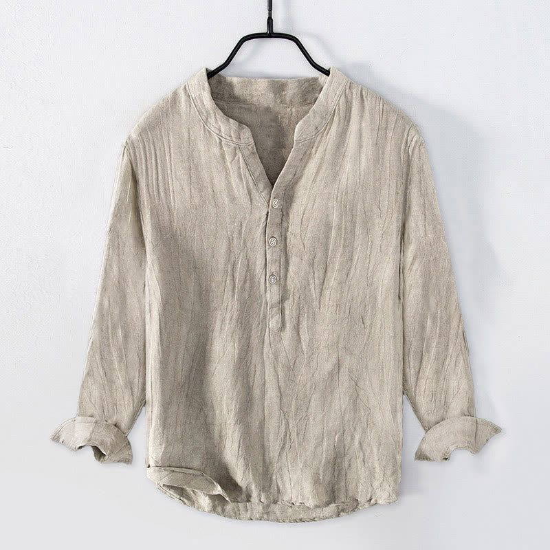 Nimara Ritual Solid Color Long Sleeve Half Button Shirt Cotton Linen Men Clothing