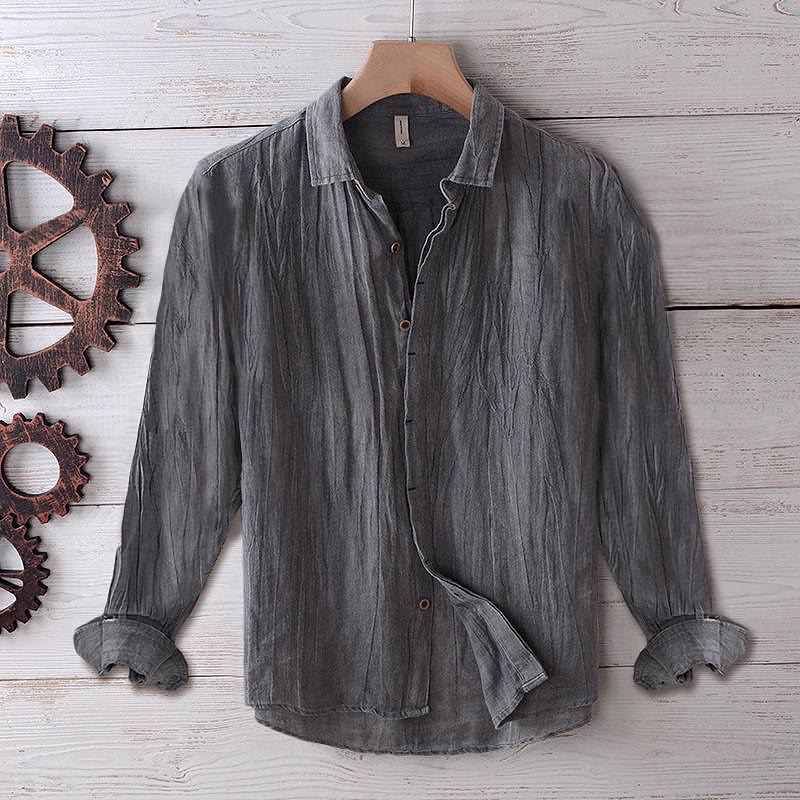 Nimara Ritual Men's Shirt Solid Color Lapel Top Short Sleeve Comfy Button Crease Cotton Linen Shirt