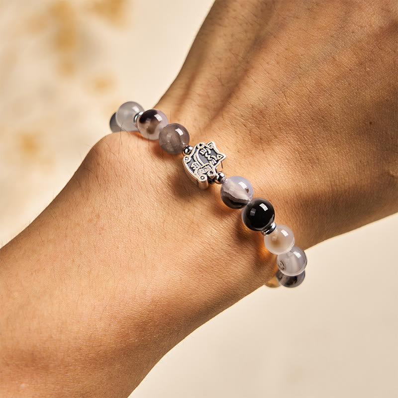 Nimara Ritual 925 Sterling Silver Calico Cat Natural Agate Stone Protection Bracelet