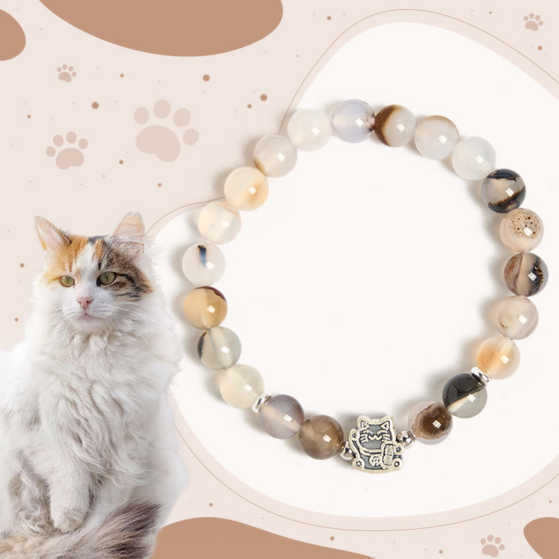 Nimara Ritual 925 Sterling Silver Calico Cat Natural Agate Stone Protection Bracelet