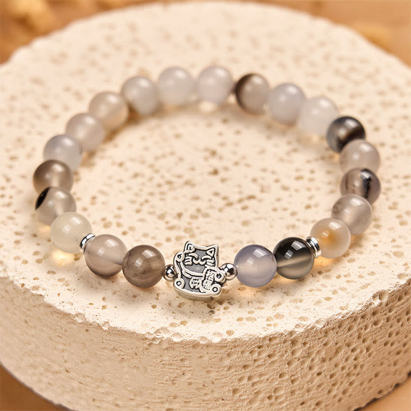 Nimara Ritual 925 Sterling Silver Calico Cat Natural Agate Stone Protection Bracelet