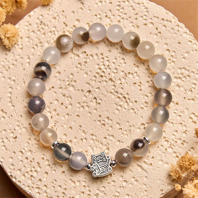 Nimara Ritual 925 Sterling Silver Calico Cat Natural Agate Stone Protection Bracelet