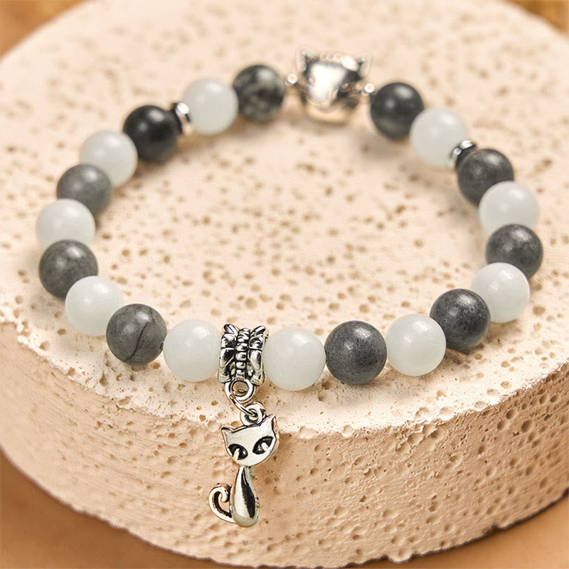 Nimara Ritual Grey Tabby Cat Natural Black Veined Jasper White Chalcedony Stability Bracelet