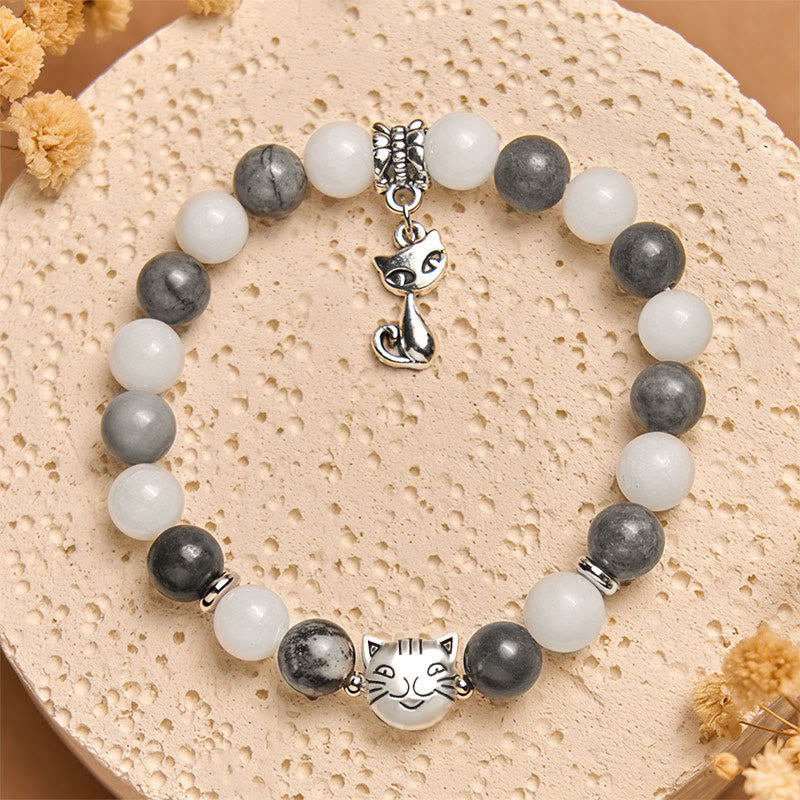 Nimara Ritual Grey Tabby Cat Natural Black Veined Jasper White Chalcedony Stability Bracelet