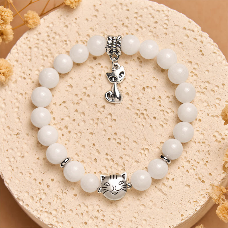 Nimara Ritual White Cat Natural White Chalcedony Bead Positive Bracelet