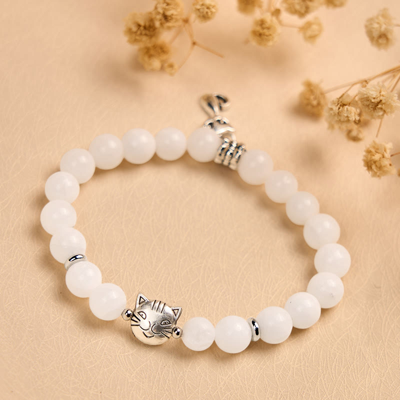 Nimara Ritual White Cat Natural White Chalcedony Bead Positive Bracelet