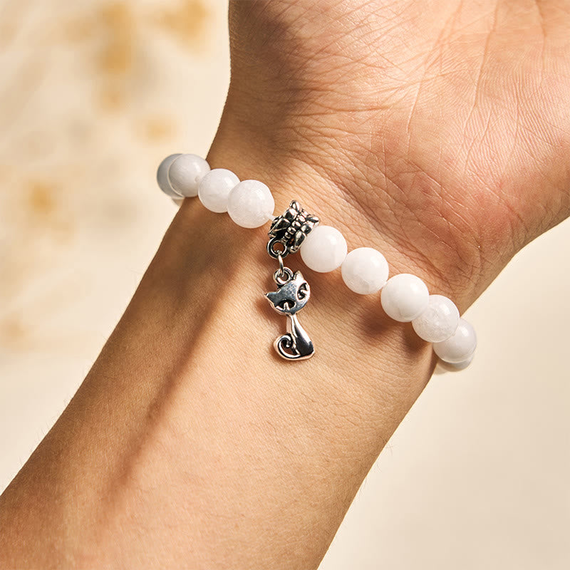 Nimara Ritual White Cat Natural White Chalcedony Bead Positive Bracelet