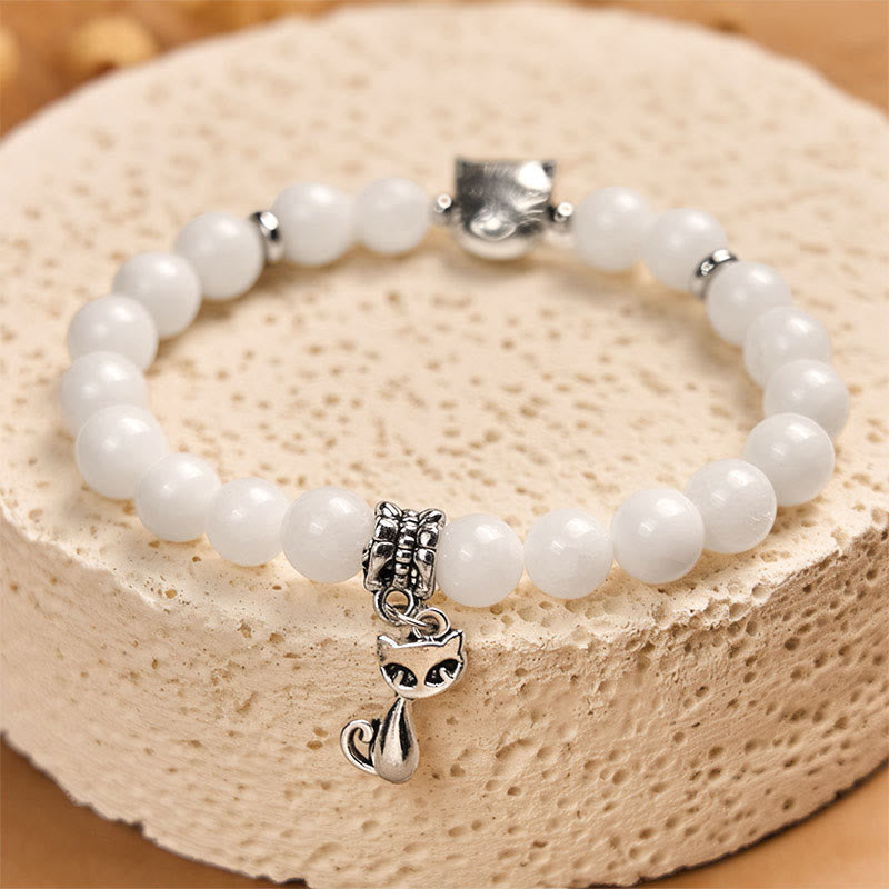 Nimara Ritual White Cat Natural White Chalcedony Bead Positive Bracelet