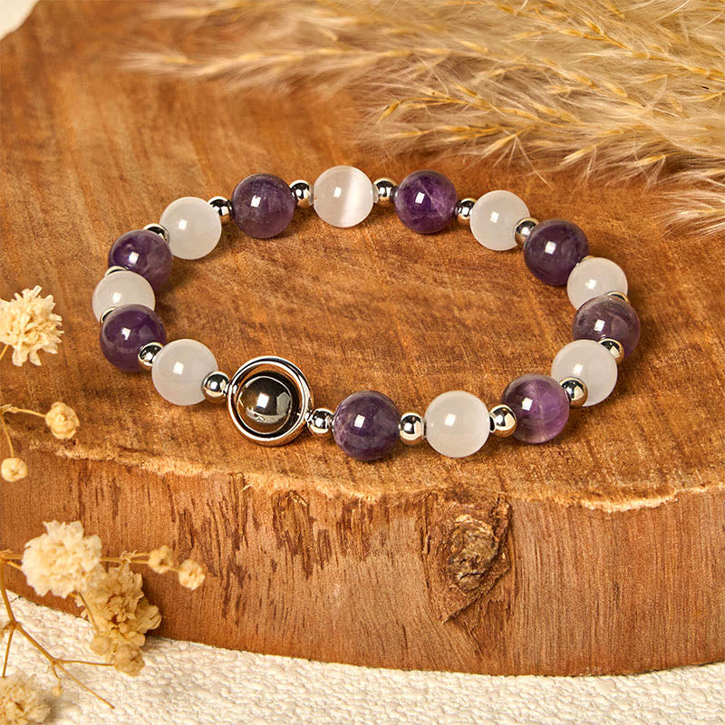 Nimara Ritual Natural Amethyst White Cat's Eye Beads Balance Bracelet