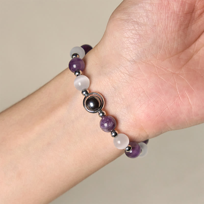 Nimara Ritual Natural Amethyst White Cat's Eye Beads Balance Bracelet