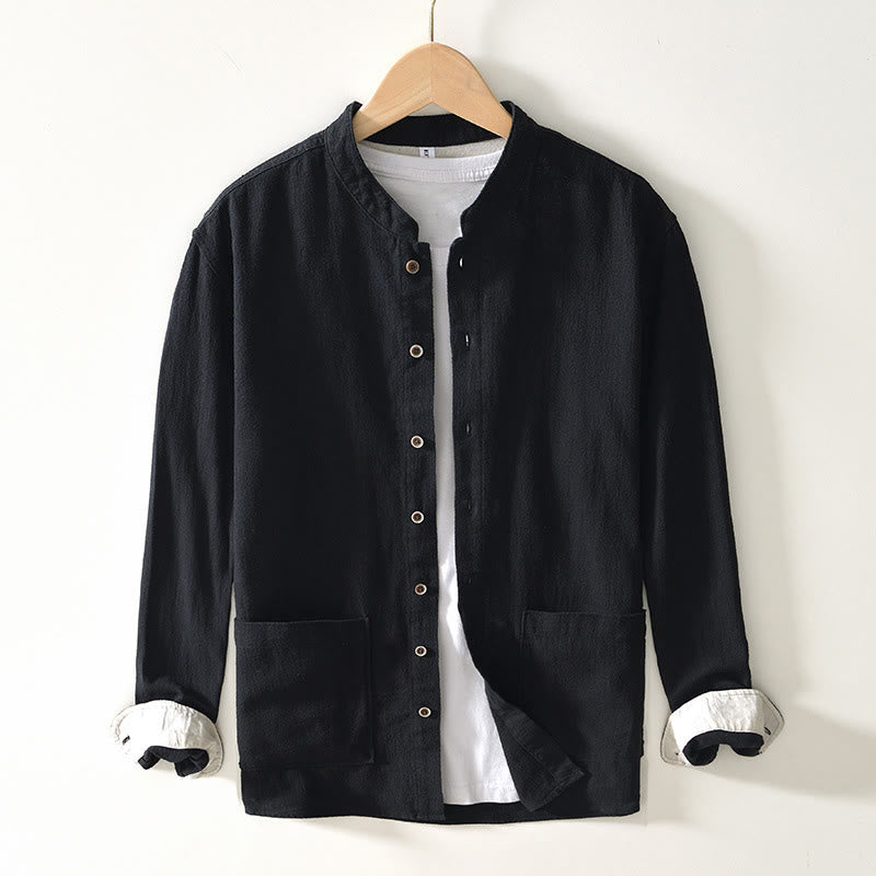 Nimara Ritual Fall Solid Long Sleeve Buttons Men's Ramie Cotton Shirt With Pockets