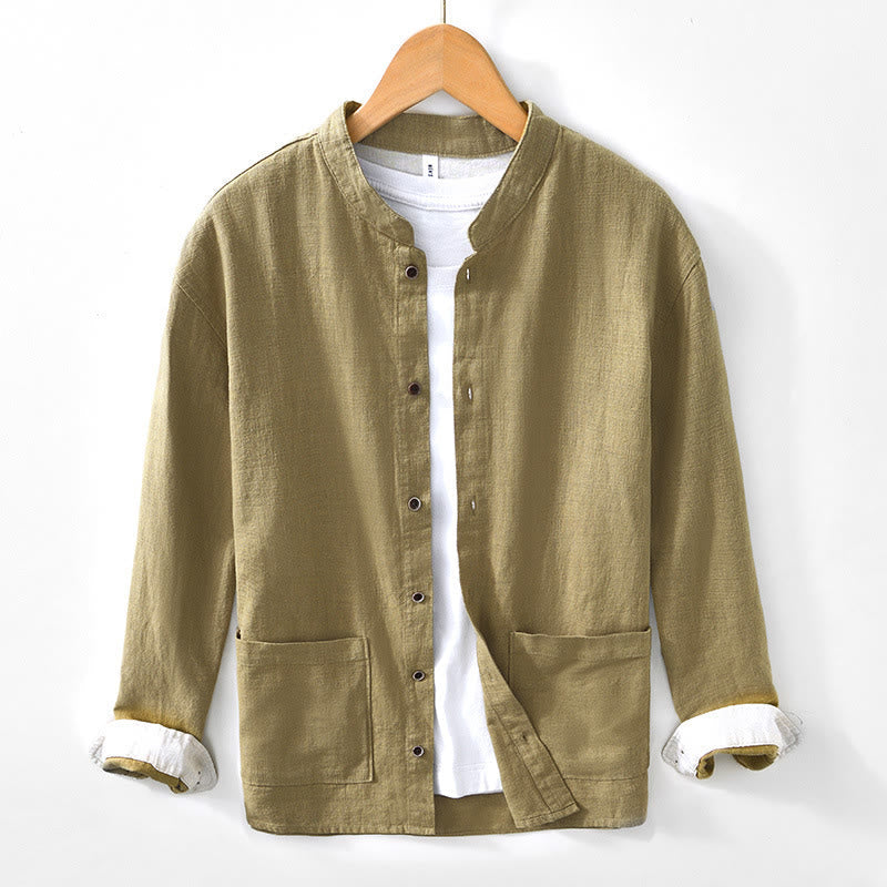 Nimara Ritual Fall Solid Long Sleeve Buttons Men's Ramie Cotton Shirt With Pockets