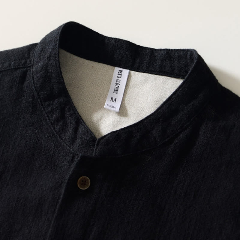 Nimara Ritual Fall Solid Long Sleeve Buttons Men's Ramie Cotton Shirt With Pockets