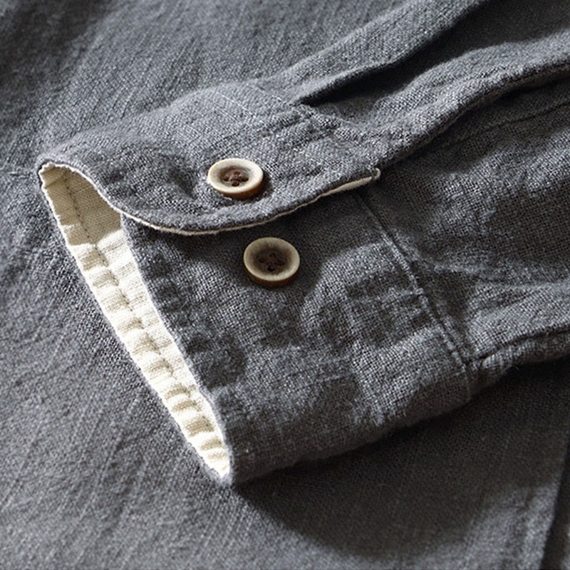 Nimara Ritual Fall Solid Long Sleeve Buttons Men's Ramie Cotton Shirt With Pockets
