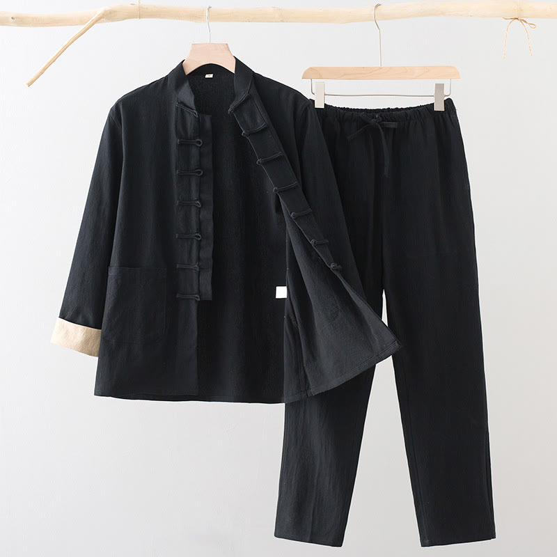 Nimara Ritual 2Pcs Tang Suit Men's Frog-Button Cotton Long Sleeve Shirt Pants Set With Pockets